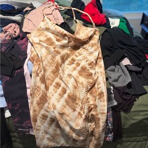 Women’s Tie-Dye Cowl Neck Slip Dress With Matching Overshirt- Beige Brown